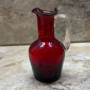 Kanawha red crackle glass mini pitcher with a clear handle 4-3/4”